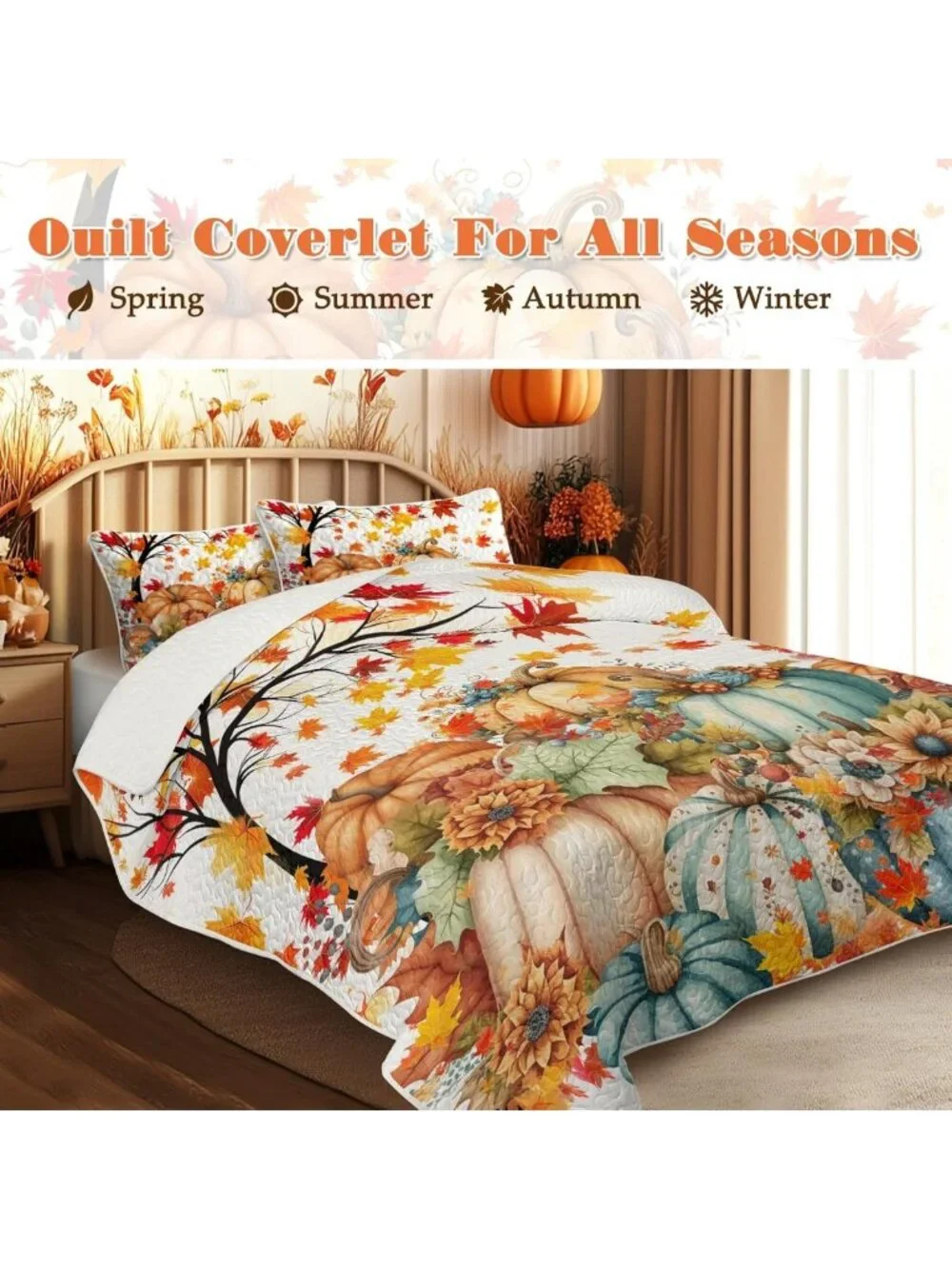 Colorful Pumpkins Queen Size Quilt - Halloween Fall Bedding Set for Cozy Decor